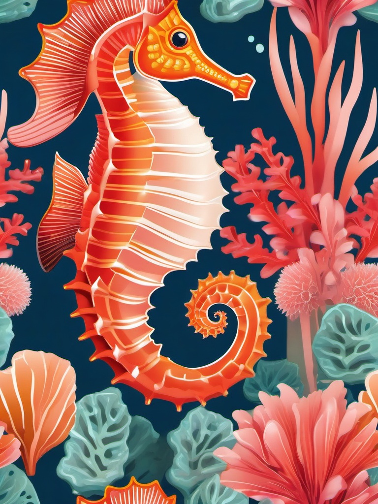 Seahorse Clipart in the Coral Reef,Delicate seahorse gracefully floating in a vibrant coral reef, symbolizing patience and protection. 