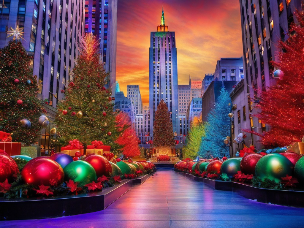 Christmas Background - Festive Decorations in Rockefeller Center wallpaper splash art, vibrant colors, intricate patterns