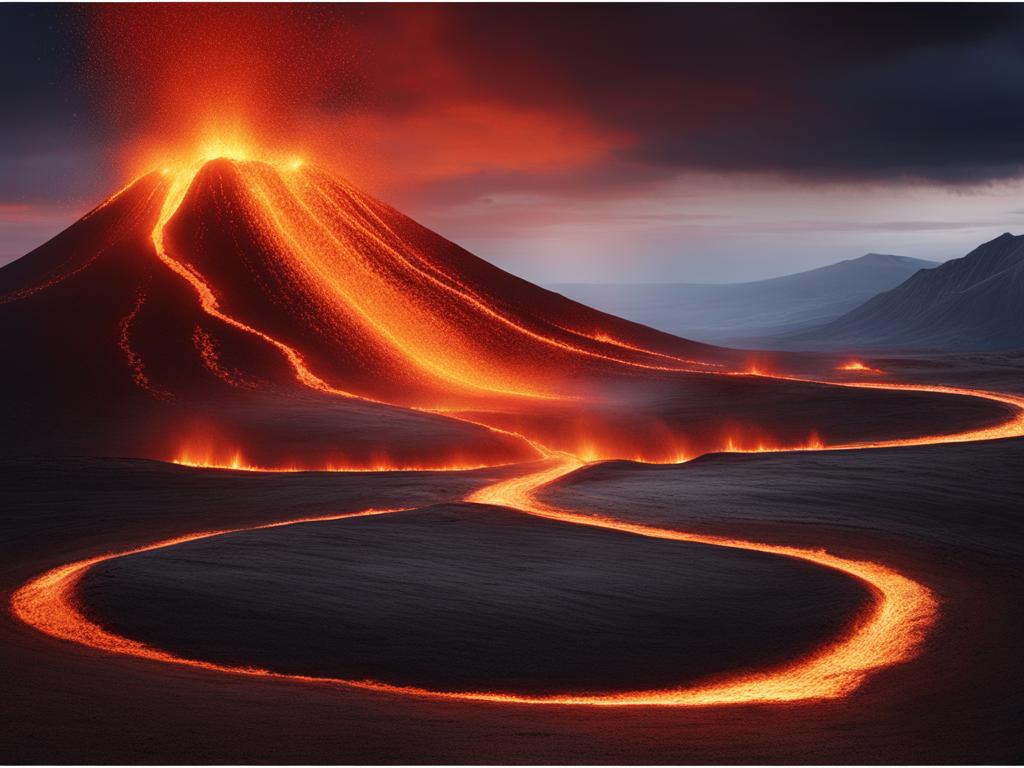 volcanic landscape - create an artwork featuring a dramatic volcanic landscape with erupting lava. 