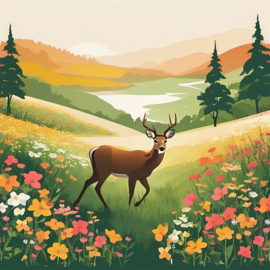 Deer clipart - deer walking through a field of wildflowers  color,minimalist,vector clipart