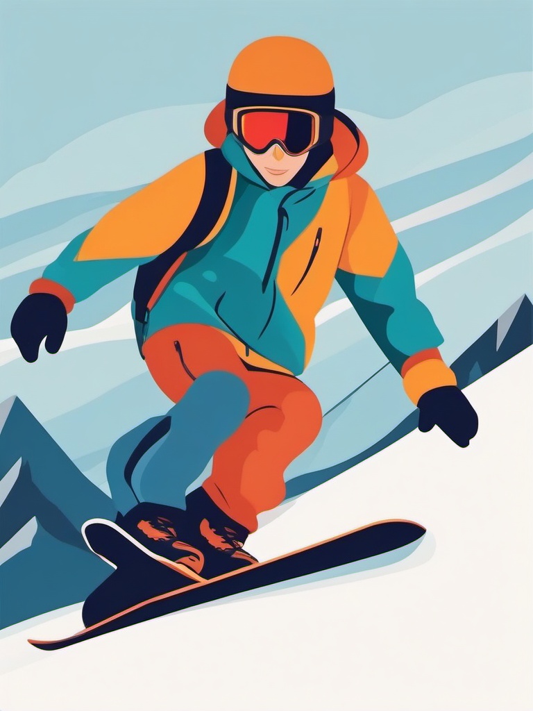 Snowboard Clipart - A snowboarder carving down the mountain.  transport, color vector clipart, minimal style