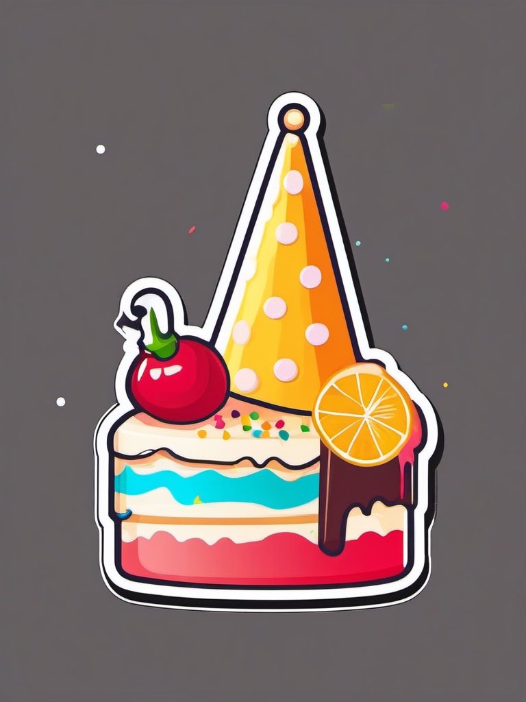 Cake Slice and Party Hat Sticker - Slice of cake with a festive party hat, ,vector color sticker art,minimal