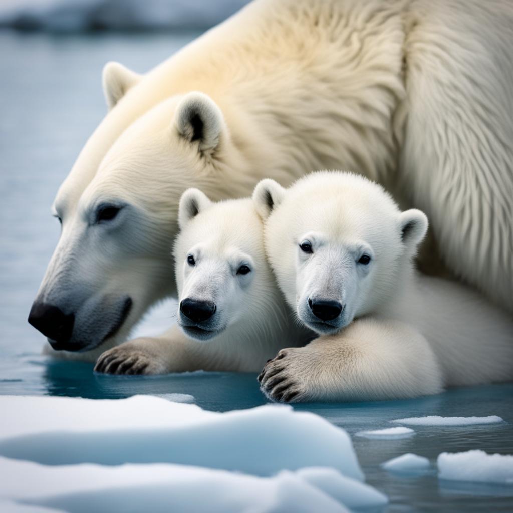 cuddly baby polar bear cub cuddling with its mother on an icy floe. 