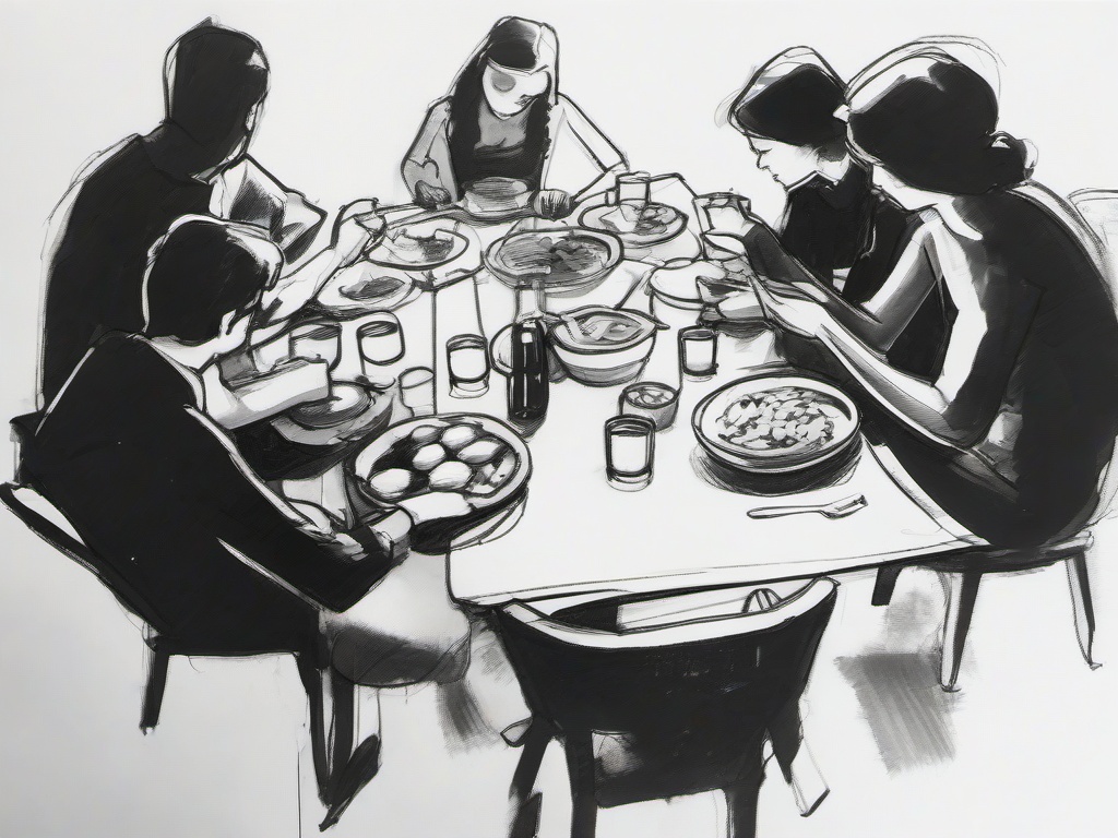 drawing of humans sharing a meal  minimal rough sketch scribbles,doodles,black and white