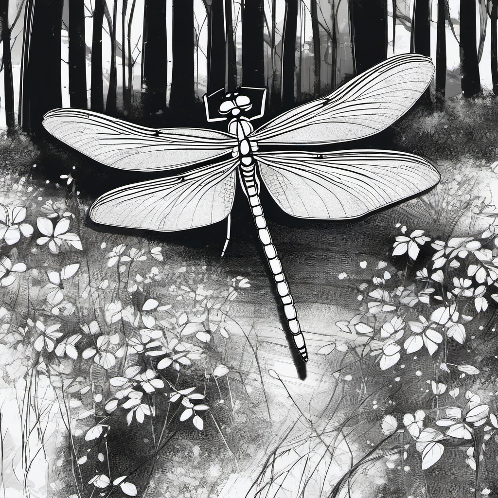 drawing of a dragonfly in a forest  minimal rough sketch scribbles,doodles,black and white