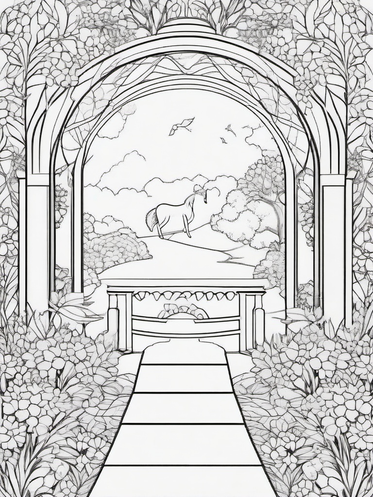 Unicorn and Rainbow Bridge Coloring Pages - Magical Pathway for Unicorns  minimal black outline printable sheet, coloring page