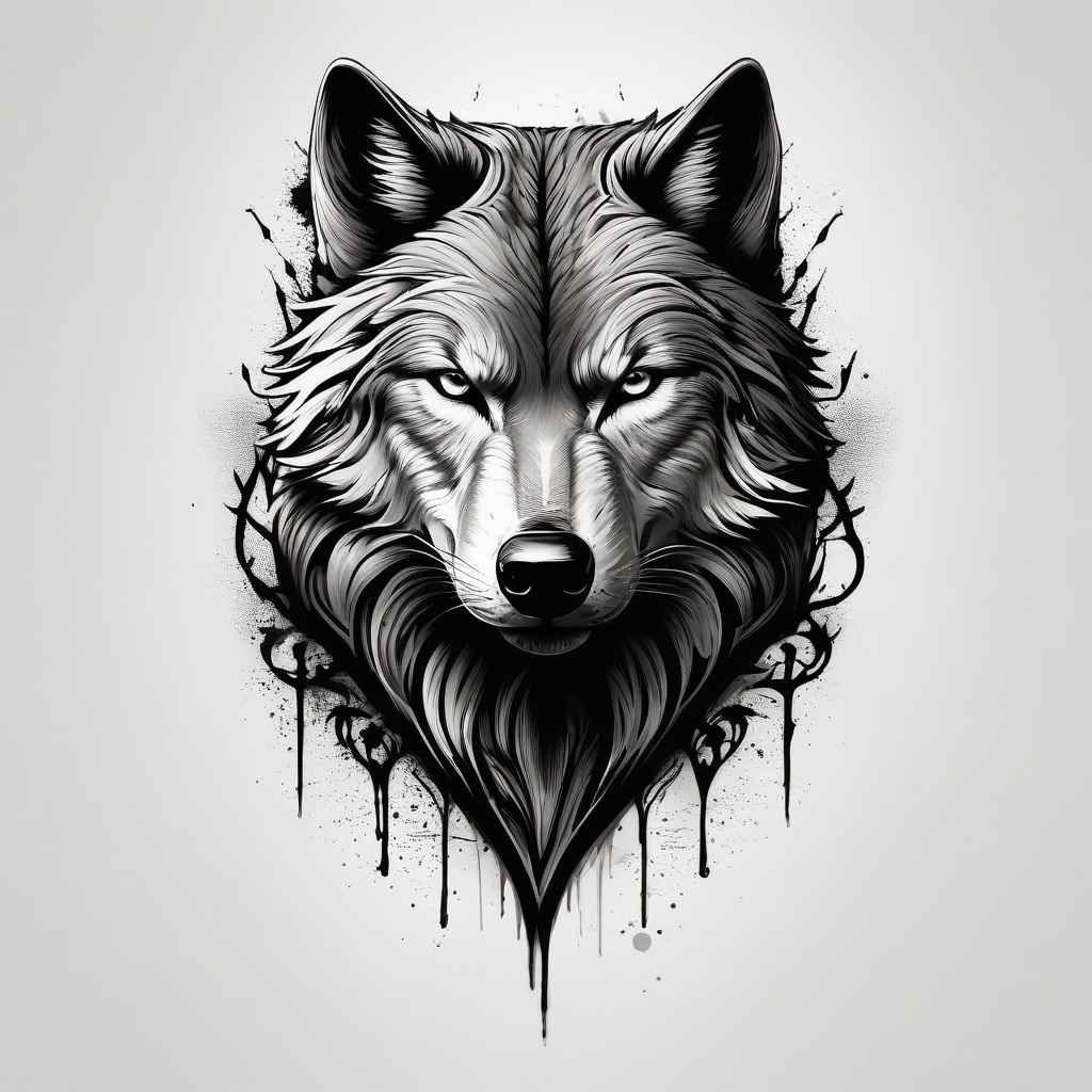 Bad Wolf Tattoo,tattoo capturing the darker side of the wolf, symbolizing untamed ferocity. , tattoo design, white clean background