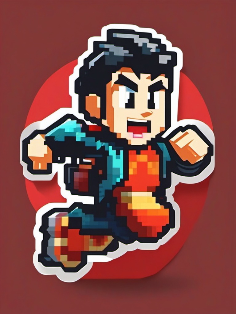 Retro game character jumping sticker- Pixelated and dynamic, , sticker vector art, minimalist design