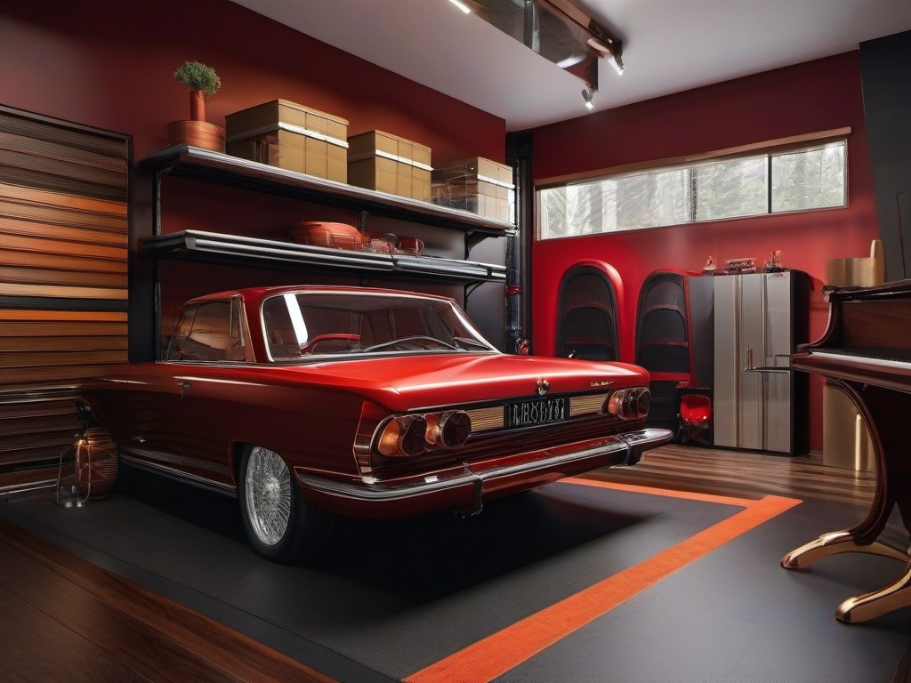 The garage features Russian Revival interior design with organized storage solutions, elegant decor, and rich colors that make the space both functional and visually appealing.  