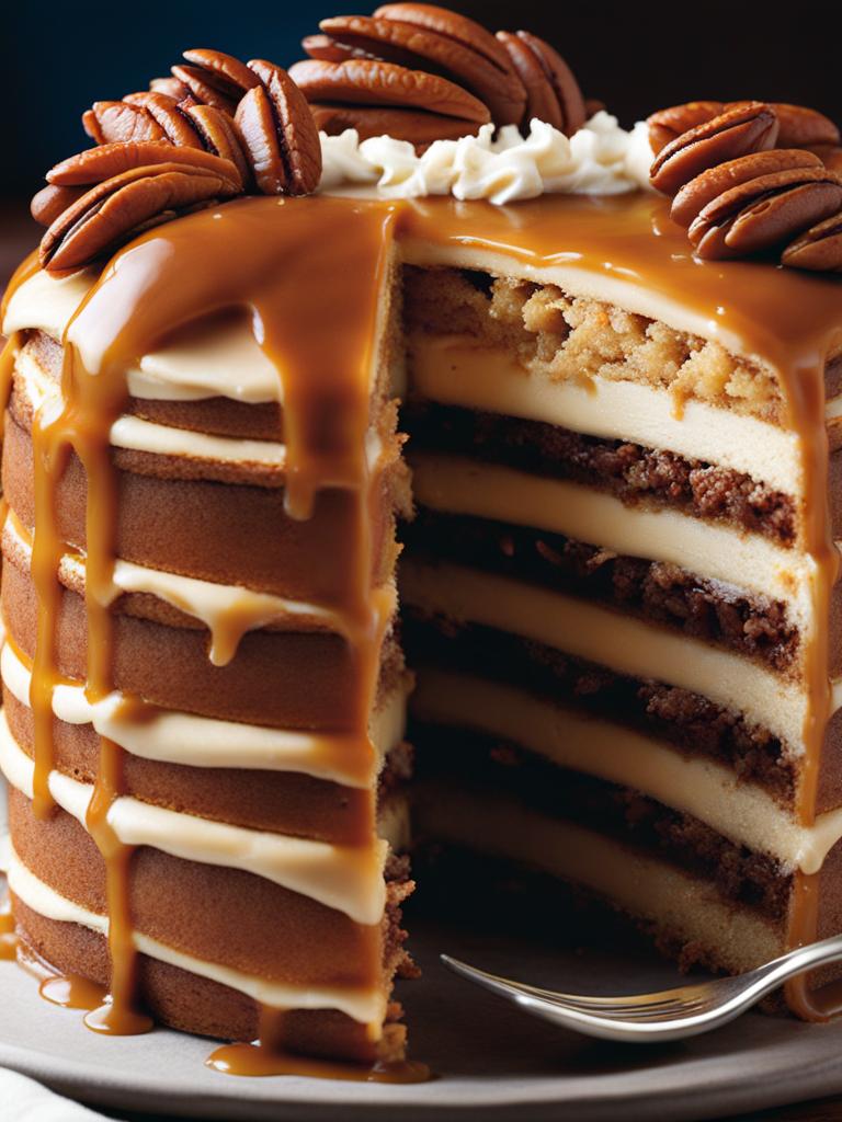 triple-layered caramel cake with pecans, indulged at a southern-style barbecue feast. 