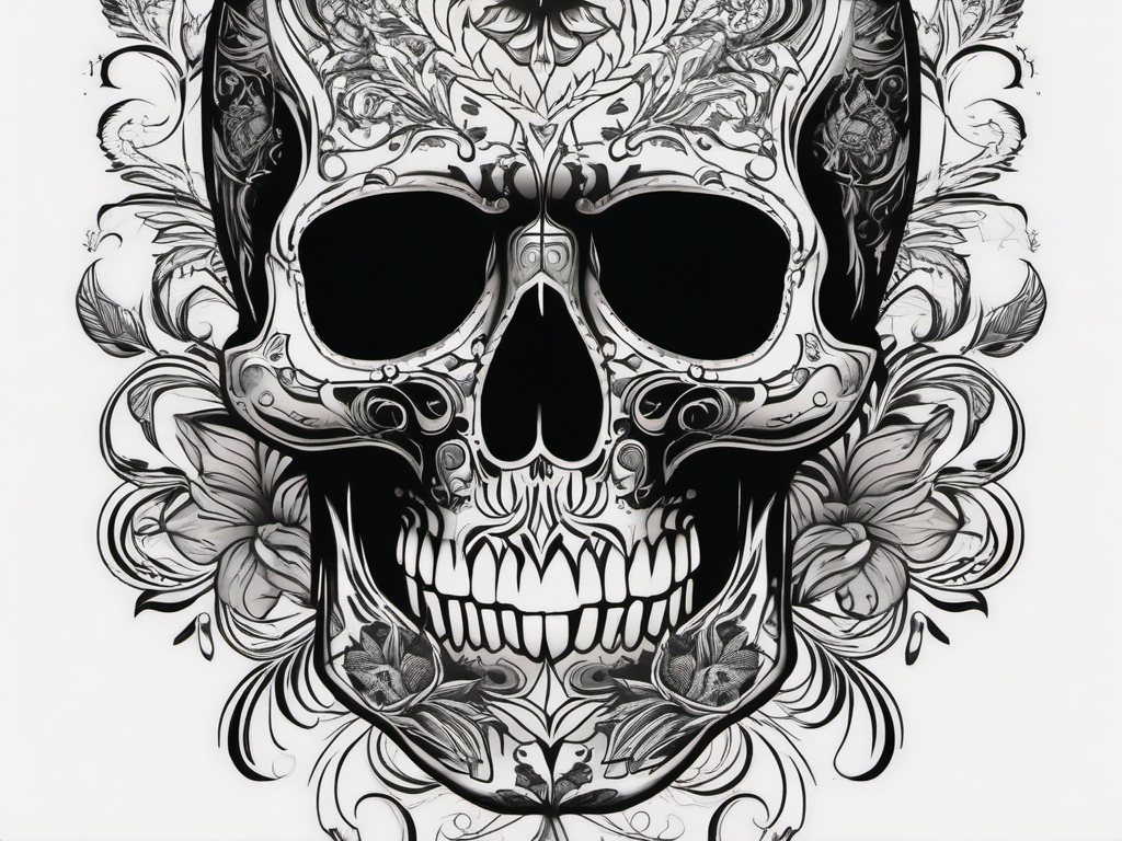 A skull's gaze lingers, marking a death's stare in the tattoo.  black and white tattoo style