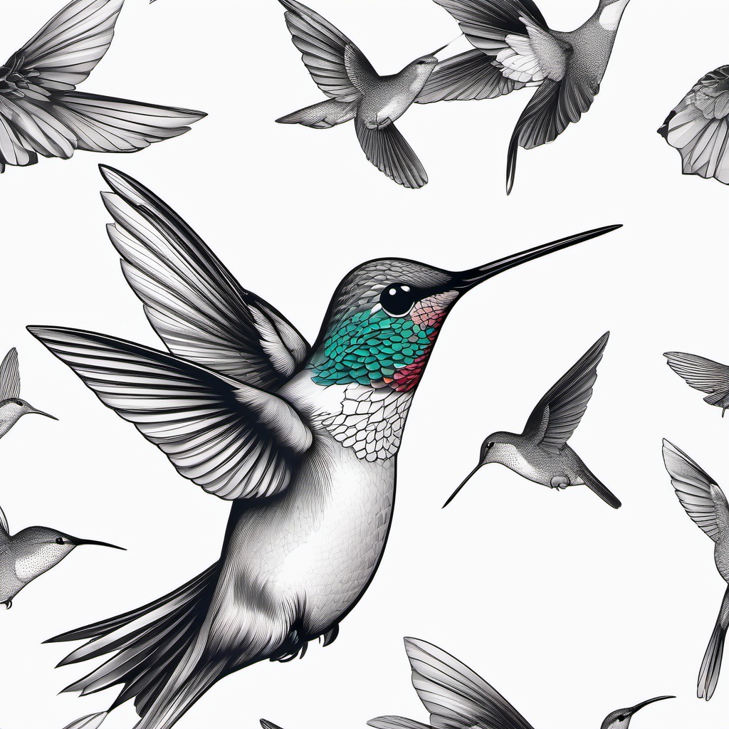 Hummingbird Tattoo - Detailed hummingbird  minimal tattoo design, white background