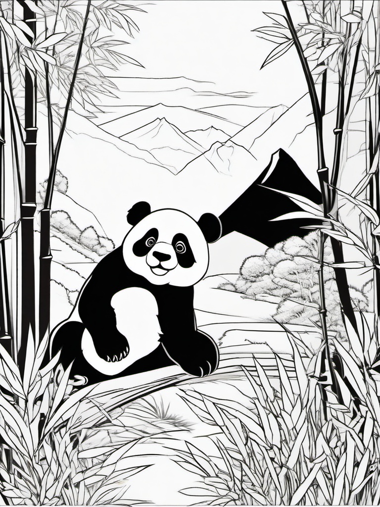 Panda Coloring Pages - Panda in a bamboo forest with a mountain backdrop  simple coloring pages