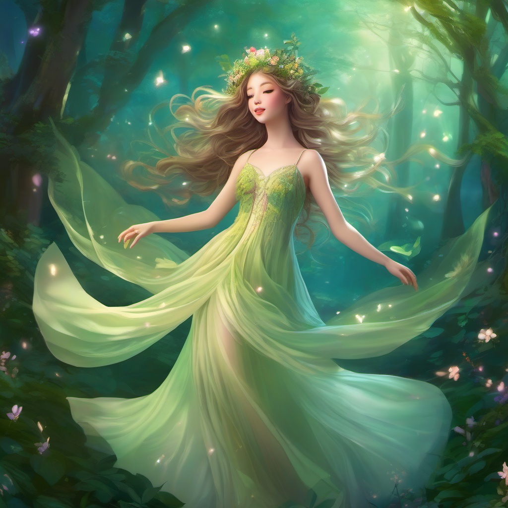 Enchanted forest nymph, dancing gracefully in a whimsical forest, radiating ethereal beauty.  front facing ,centered portrait shot, cute anime color style, pfp, full face visible