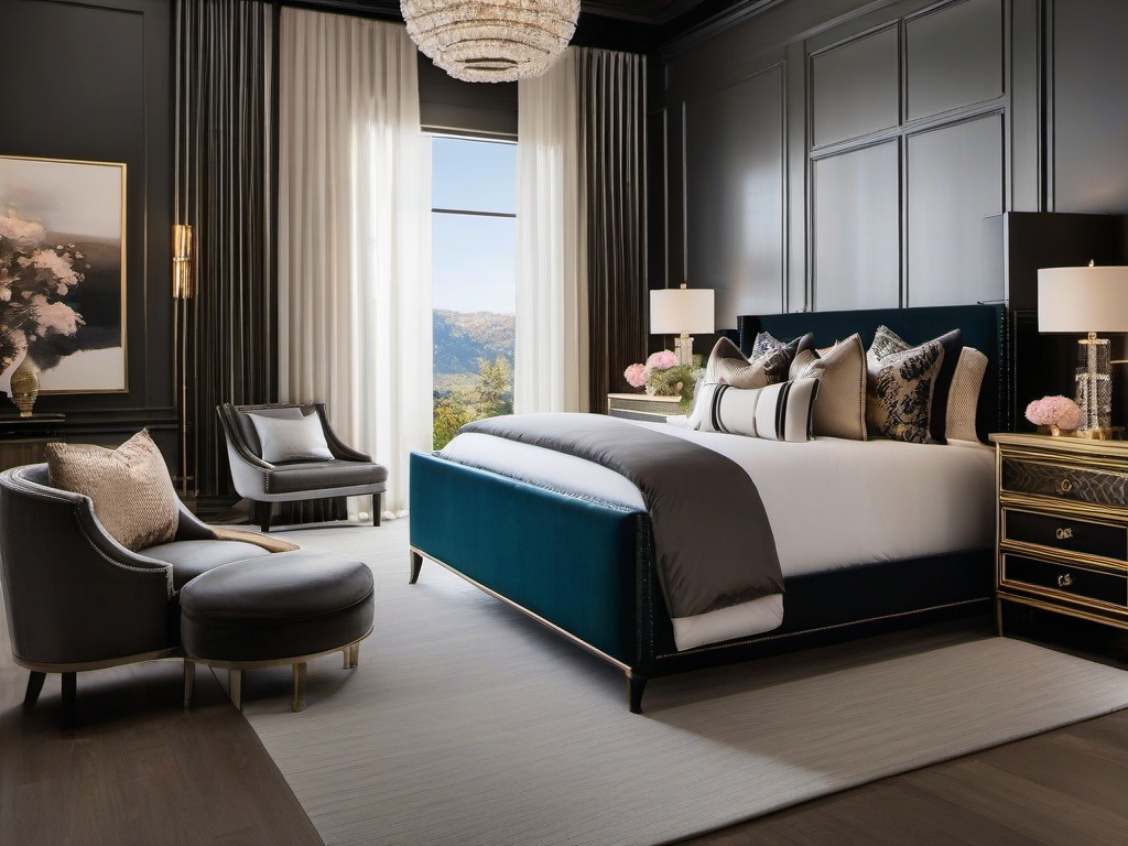 Hollywood Regency master bedroom showcases plush bedding, decorative accents, and stylish fixtures, creating an upscale yet cozy environment.  