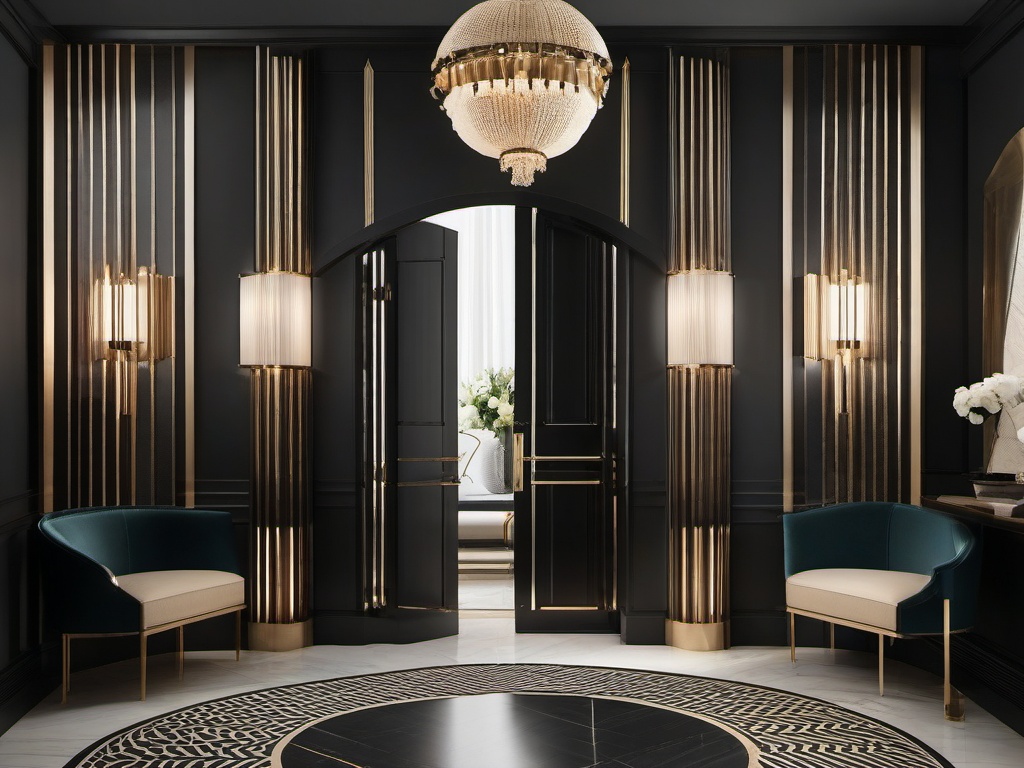 Art Deco entryway includes bold geometric patterns, luxurious finishes, and stylish lighting that create a glamorous first impression for guests.  