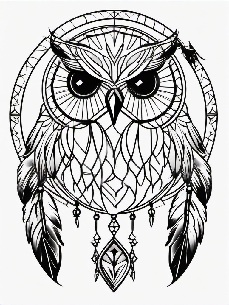 Dream Catcher Owl Tattoo - Tattoo combining a dream catcher with owl elements.  simple vector tattoo,minimalist,white background