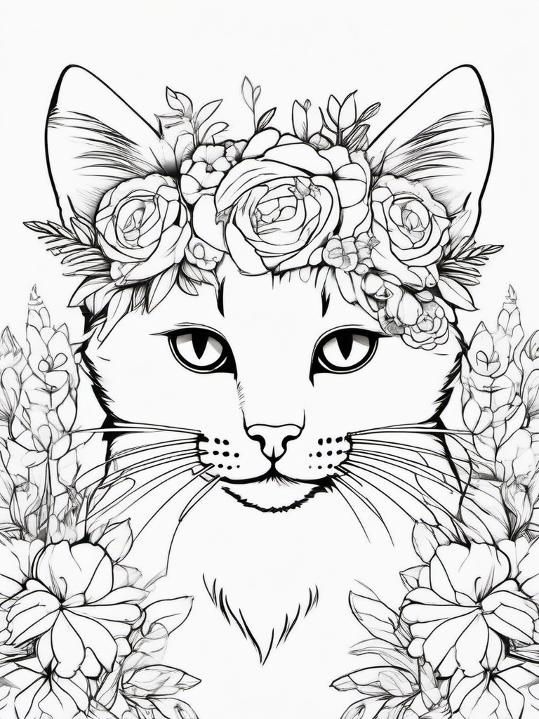 Kitty with a Flower Crown Coloring Pages - Kitten Wearing a Crown of Flowers  minimal black outline printable sheet, coloring page