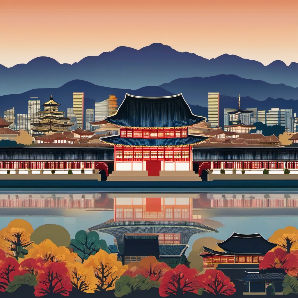 Seoul clipart - Gyeongbokgung Palace and Seoul skyline, ,color clipart vector style