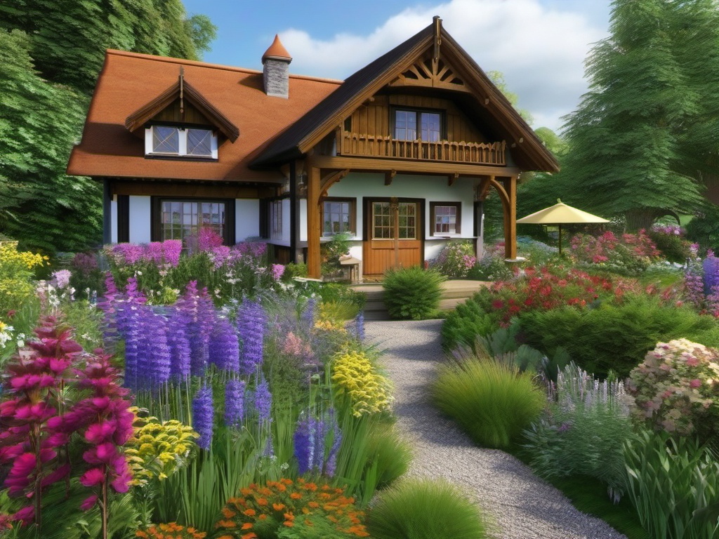 Swiss Cottage Garden - Capture the charm of a Swiss cottage garden in your landscape. multicoloured, photo realistic, hyper detail, high resolution