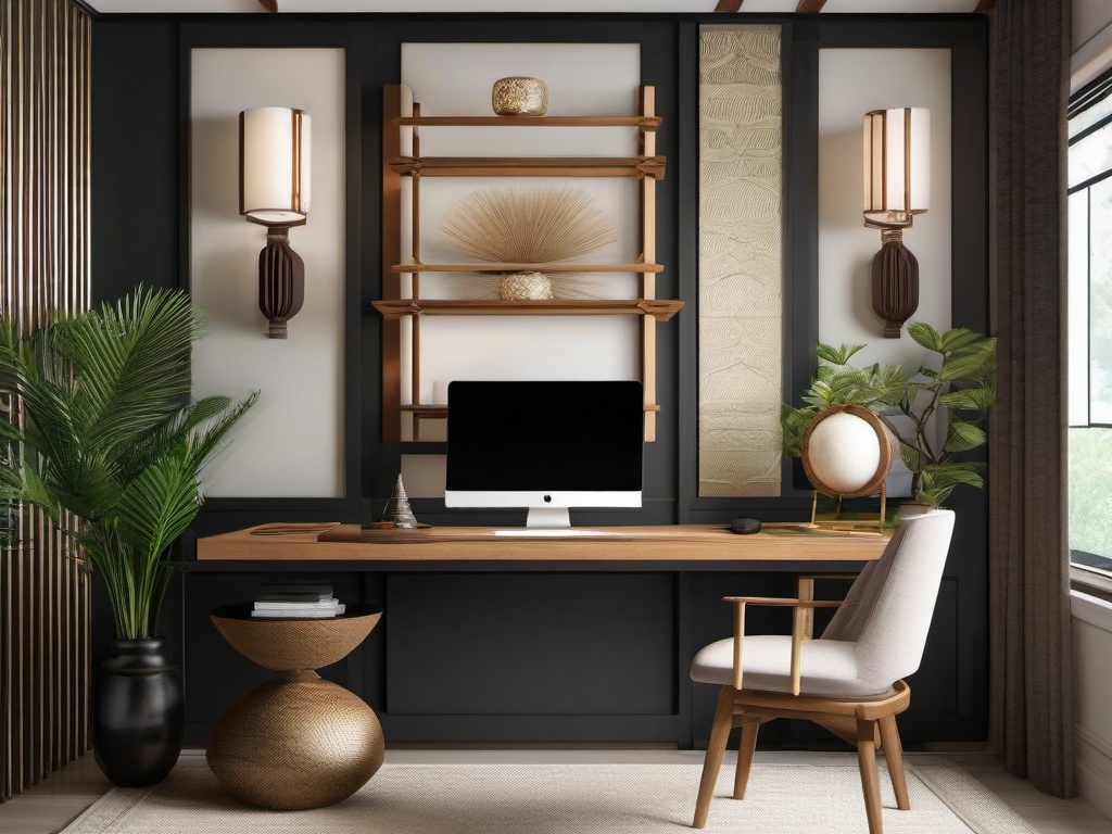 Asian Fusion home office blends practical design with decorative elements inspired by various Asian cultures for a tranquil workspace.  