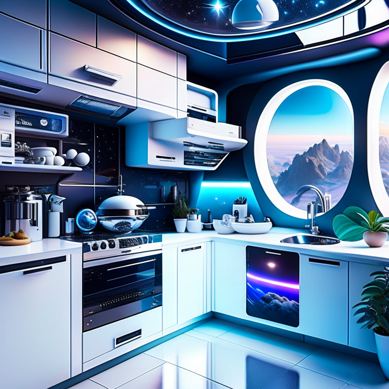 space explorer's kitchen with futuristic appliances and celestial backsplash. 