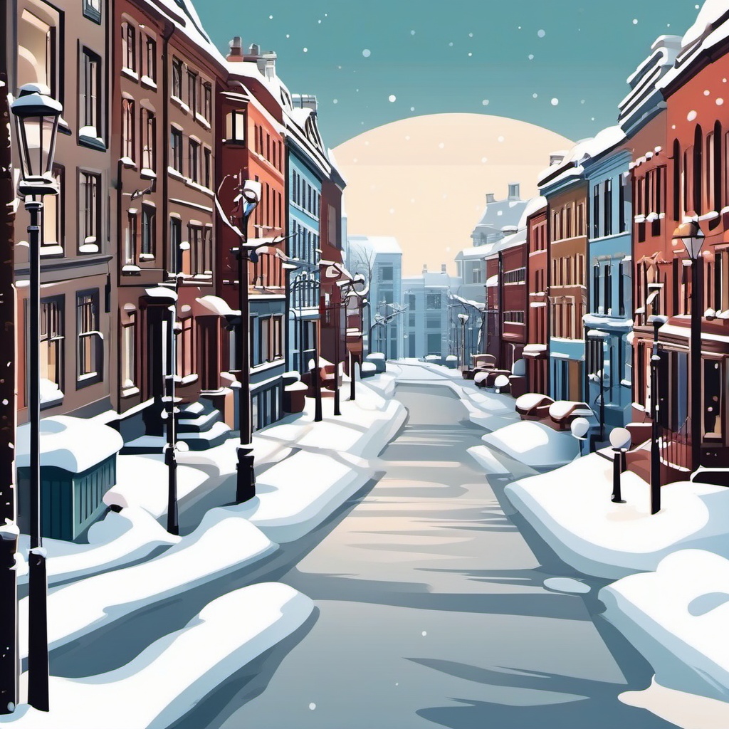 Winter City Street Scene clipart - City street covered in snow, ,vector color clipart,minimal