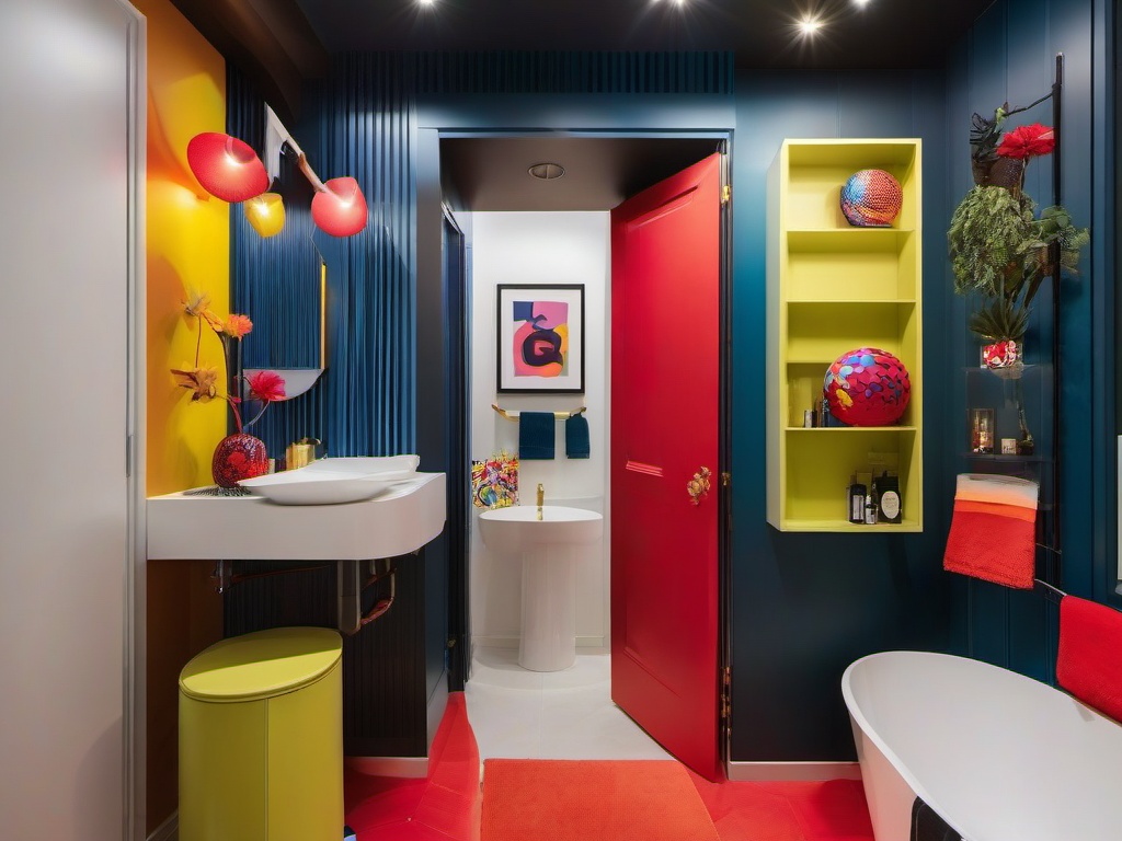 In the guest bathroom, Pop Art interior design features quirky fixtures, vibrant decor, and playful accents that create a welcoming atmosphere for visitors.  