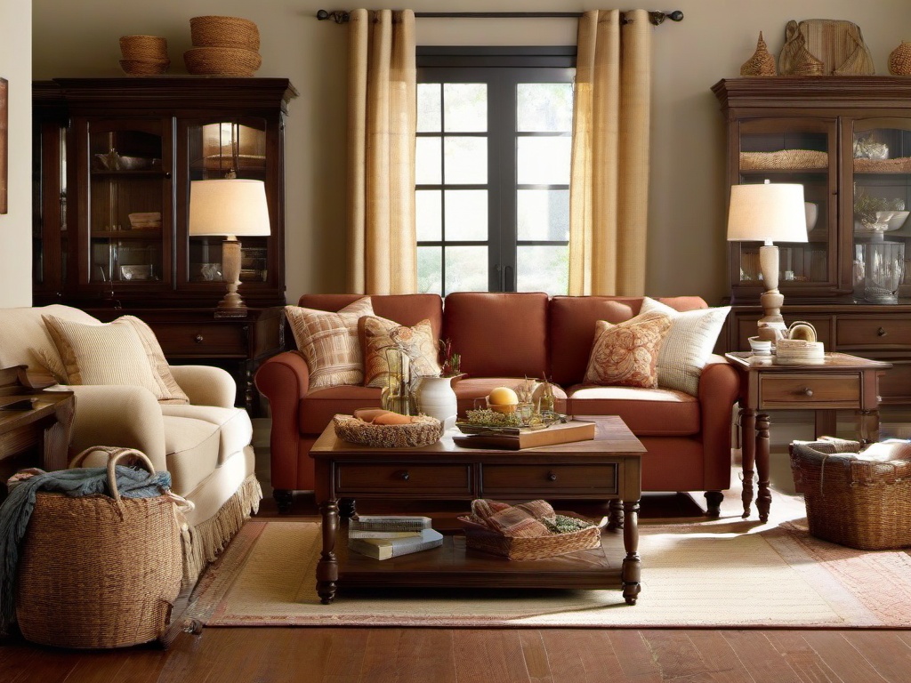 Country living room combines sturdy wooden furniture, warm colors, and cozy textiles to create an inviting environment for family and friends.  