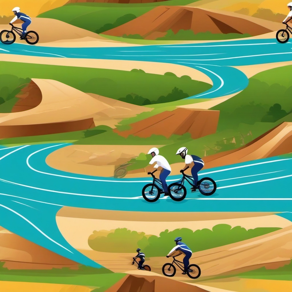 BMX Racing Track Clipart - BMX racers navigating a challenging dirt track.  color vector clipart, minimal style