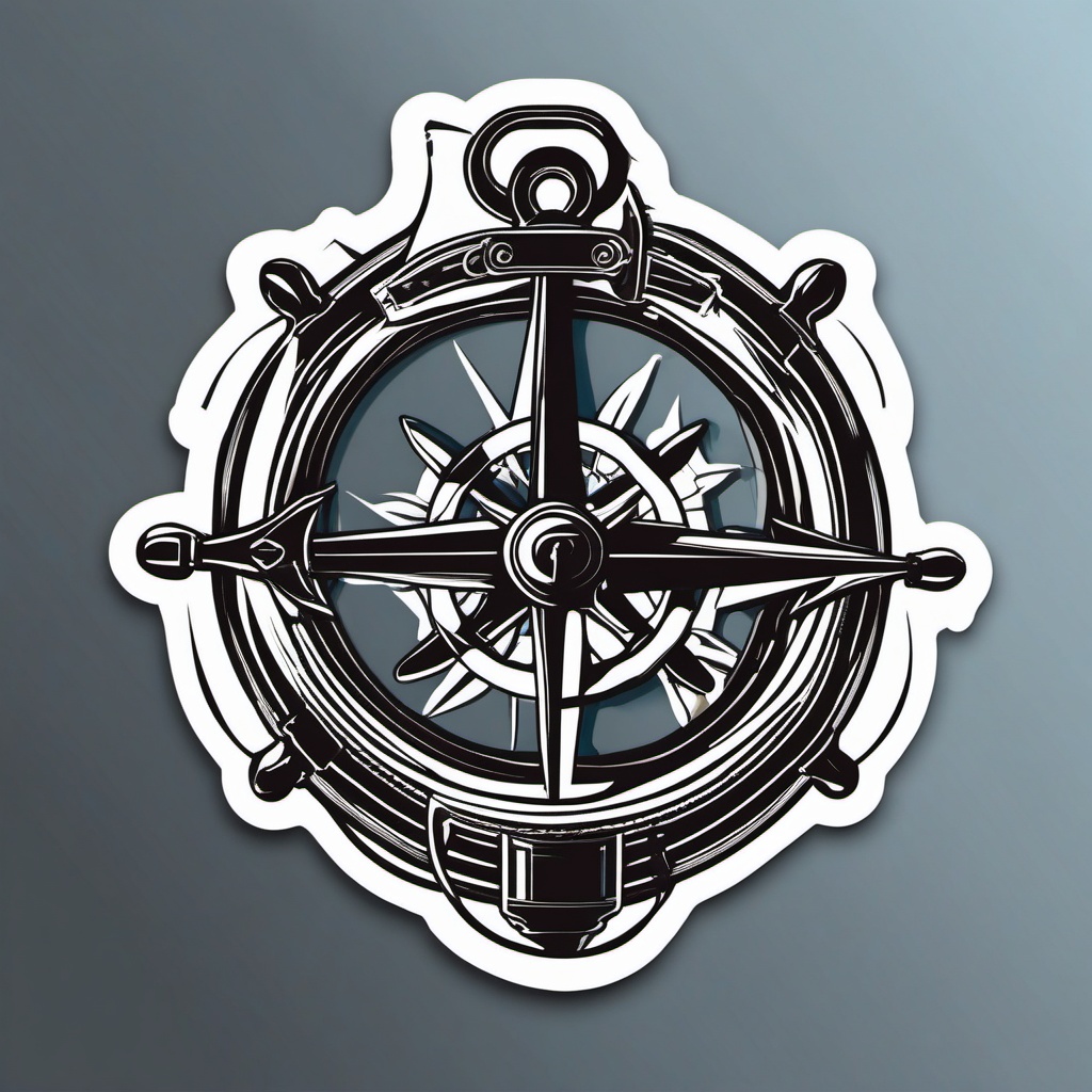 Anchor and Wheel Sticker - Nautical anchor with a ship's wheel, ,vector color sticker art,minimal