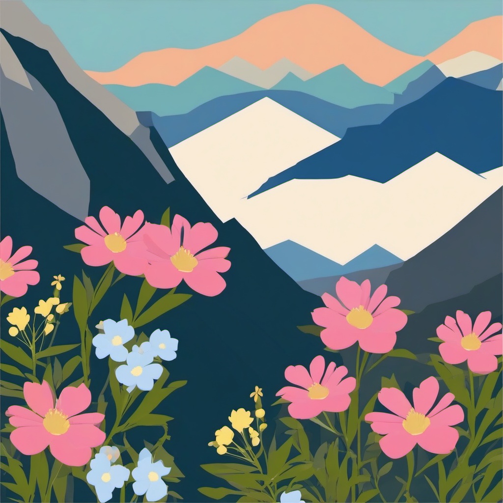 Mountain Northern Jacob's Ladder Clip Art - Northern Jacob's ladder flowers in mountain terrain,  color vector clipart, minimal style