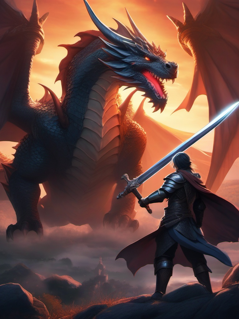 Heroic dragon slayer, bravely facing a colossal dragon in a medieval realm, sword raised for an epic battle.  front facing ,centered portrait shot, cute anime color style, pfp, full face visible