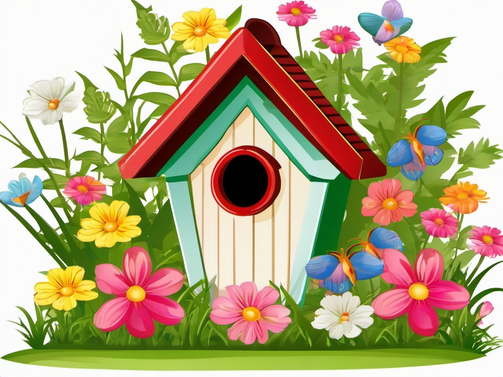 Garden clipart - birdhouse among the flowers  clipart