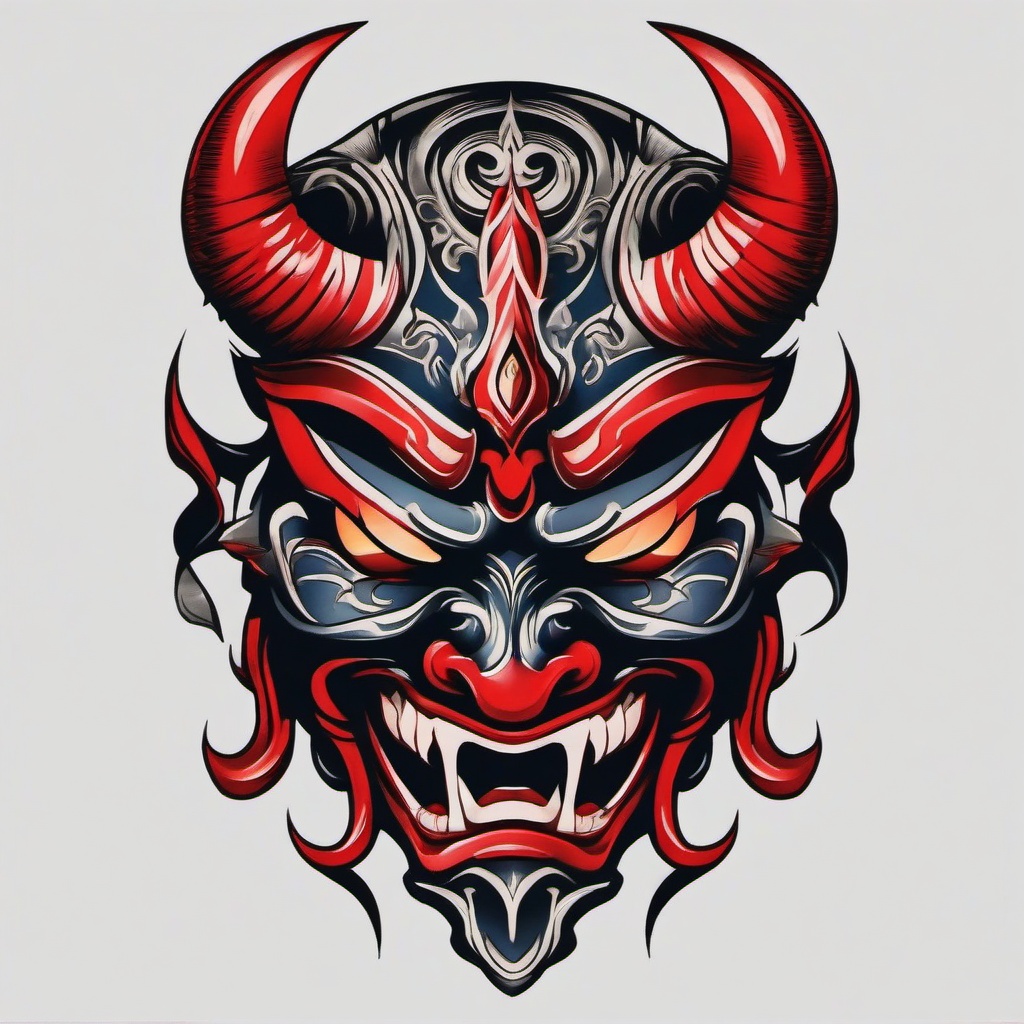 mask oni tattoo  simple color tattoo,white background,minimal