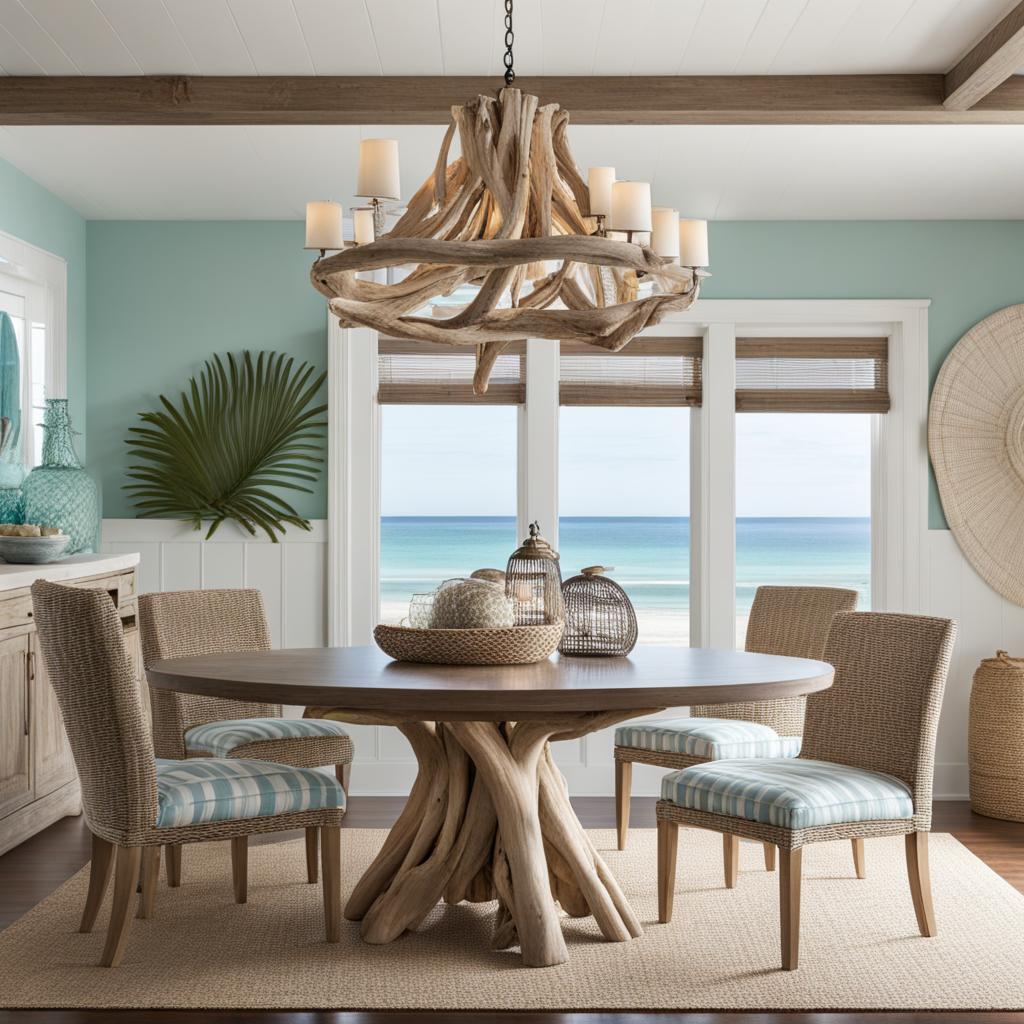 coastal dining room with a driftwood chandelier and beachy decor. 