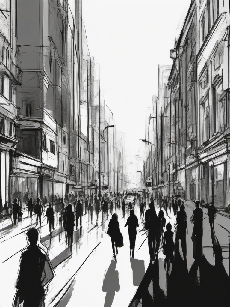 drawing of humans walking in a busy street  minimal rough sketch scribbles,doodles,black and white