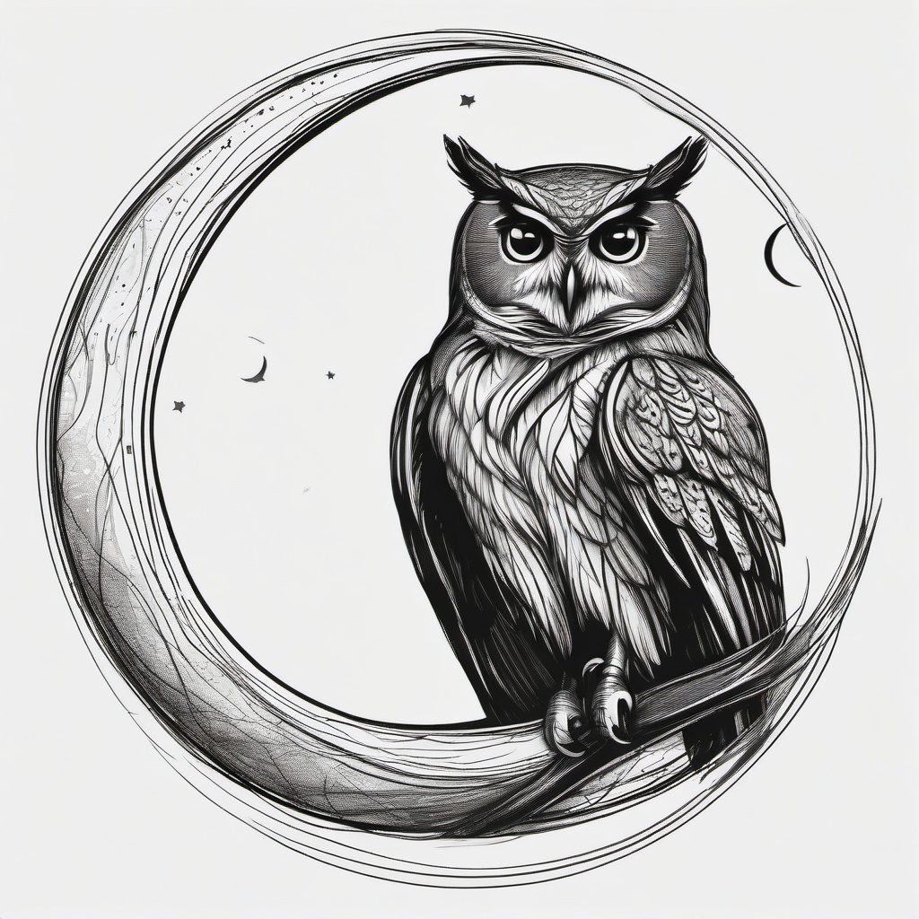 drawing of an owl with a crescent moon  minimal rough sketch scribbles,doodles,black and white