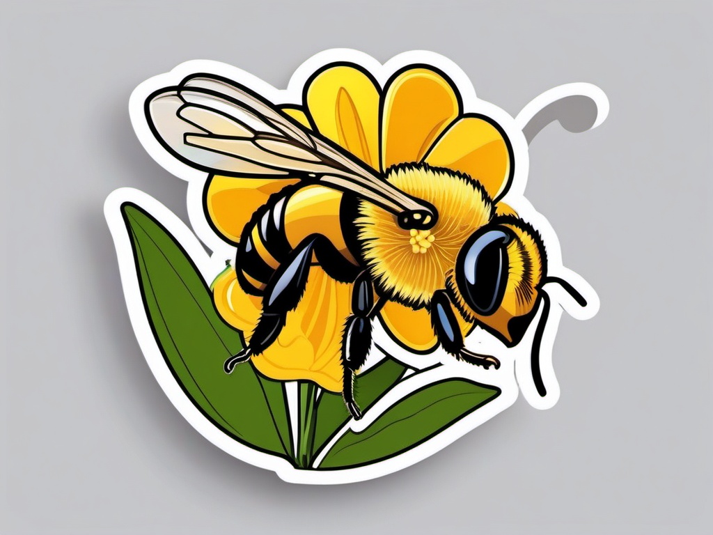 Honey Bee Sticker - A busy honey bee collecting nectar from a flower, ,vector color sticker art,minimal