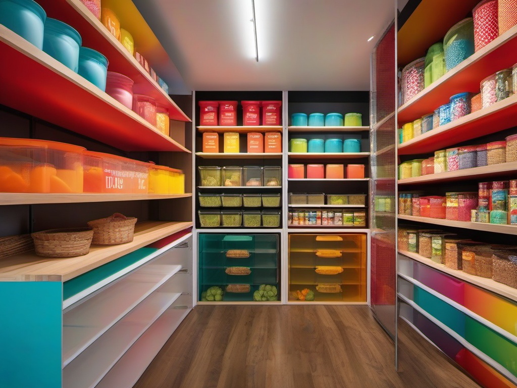 The pantry showcases psychedelic interior design with bright storage solutions, quirky labels, and colorful decor that make food storage both practical and visually engaging.  