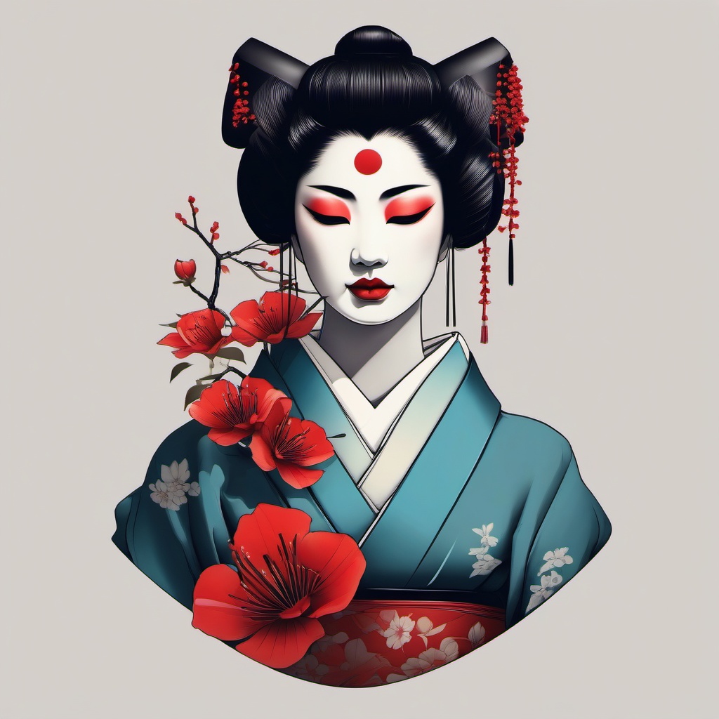 geisha with oni mask tattoo  simple color tattoo,white background,minimal