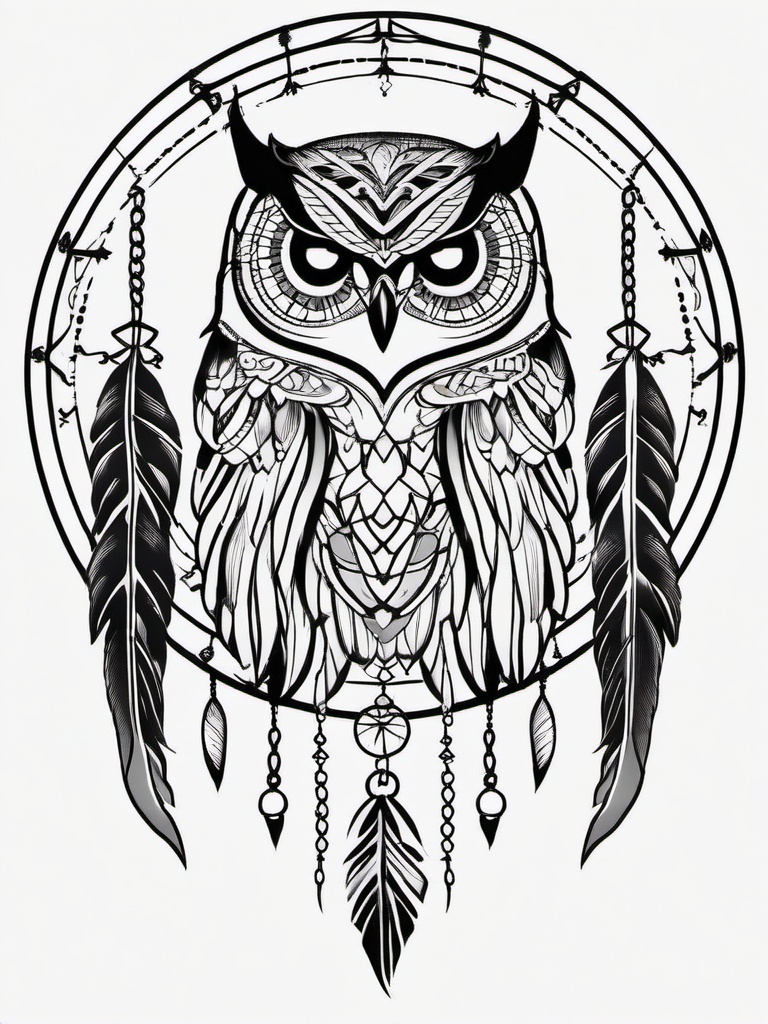 Dream Catcher Tattoo with Owl - Tattoo featuring a dream catcher and owl motifs.  simple vector tattoo,minimalist,white background