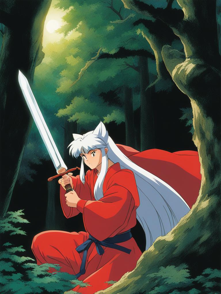 inuyasha draws the tessaiga sword to face a formidable demon in a mystical forest. 