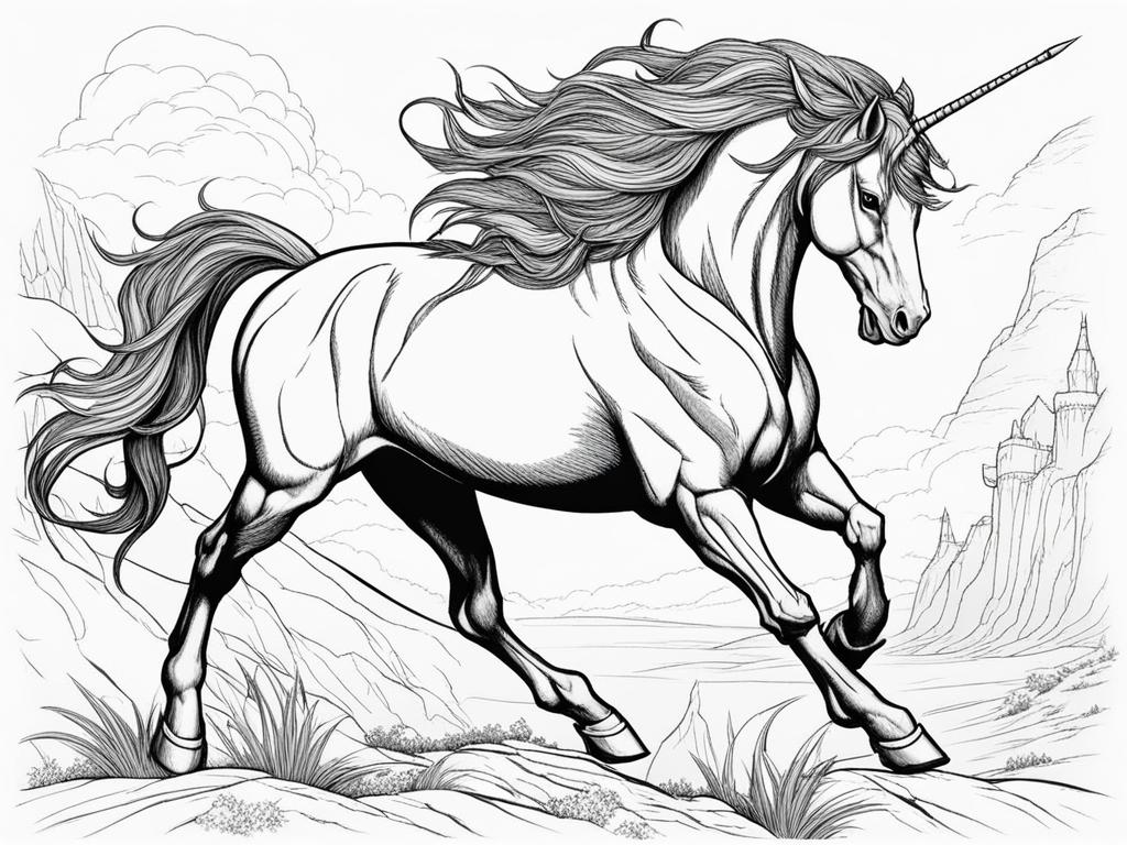 unicorn coloring pages - unyielding unicorn facing a fearsome dragon, horn against claw, in a battle of legends. 