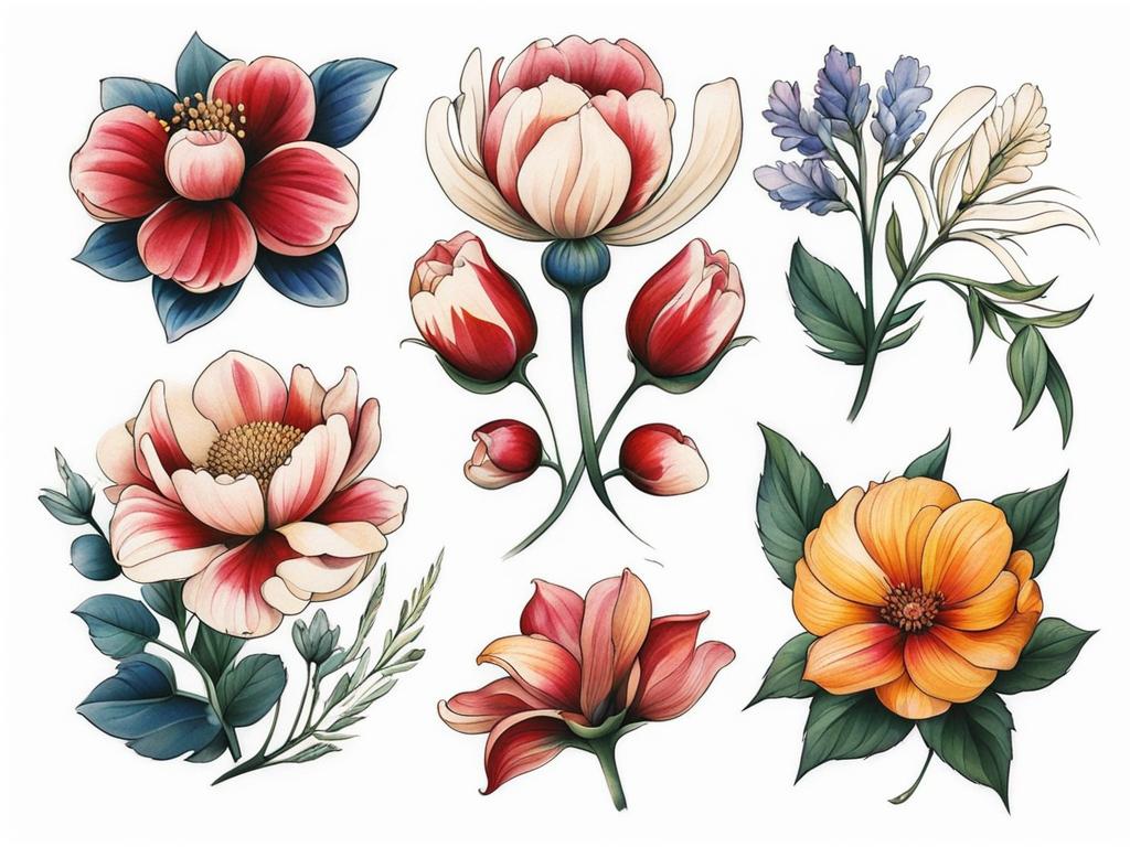 July birth month flower tattoo, Tattoos representing the birth flower for the month of July. colors, tattoo patterns, clean white background