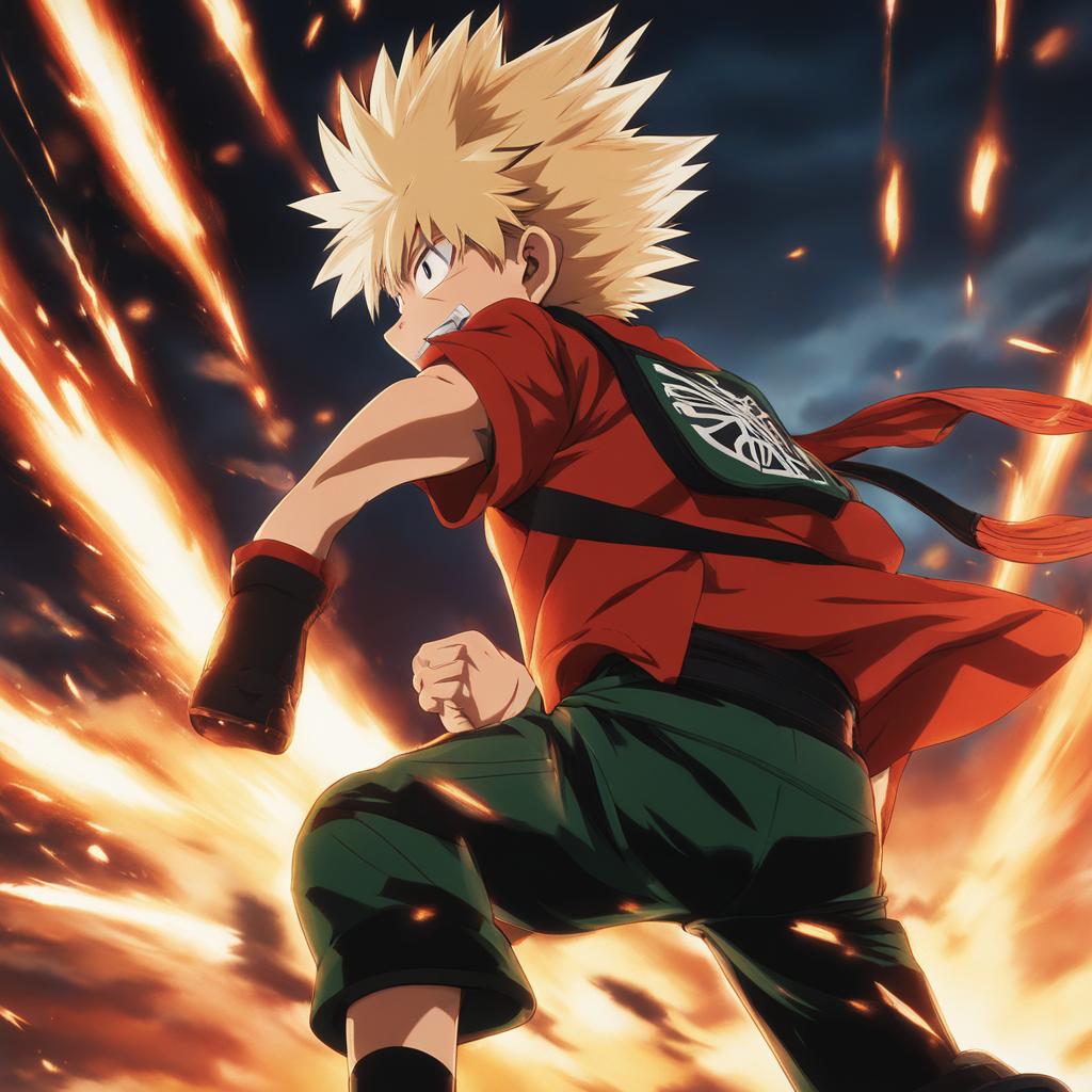 katsuki bakugo blasts explosive attacks during a fierce training session. 