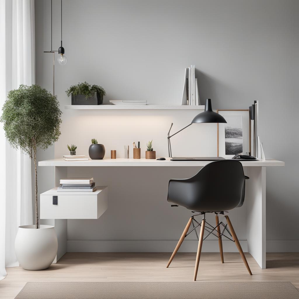 minimalist home office with a floating desk and minimalistic decor. 