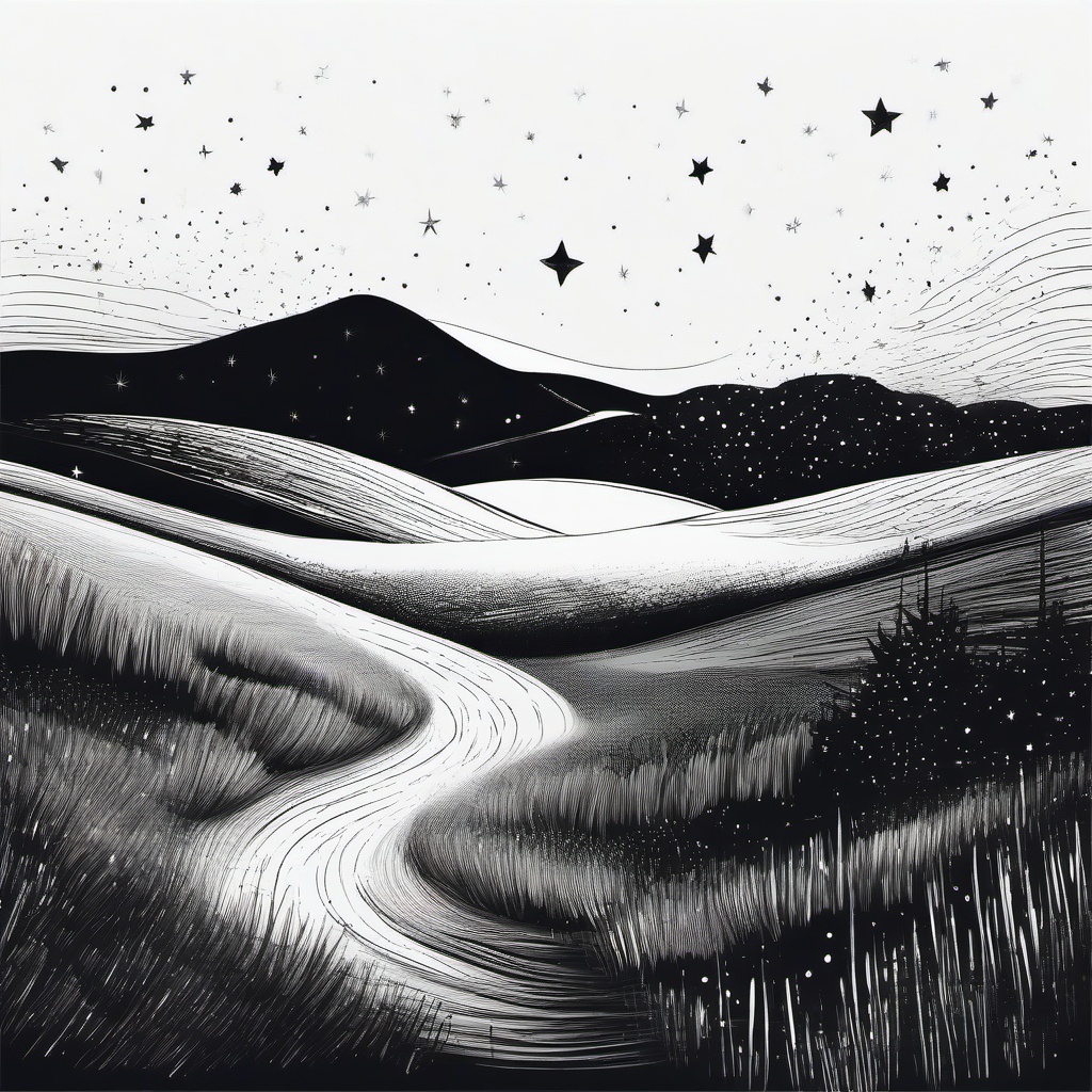 drawing of a night landscape with stars  minimal rough sketch scribbles,doodles,black and white