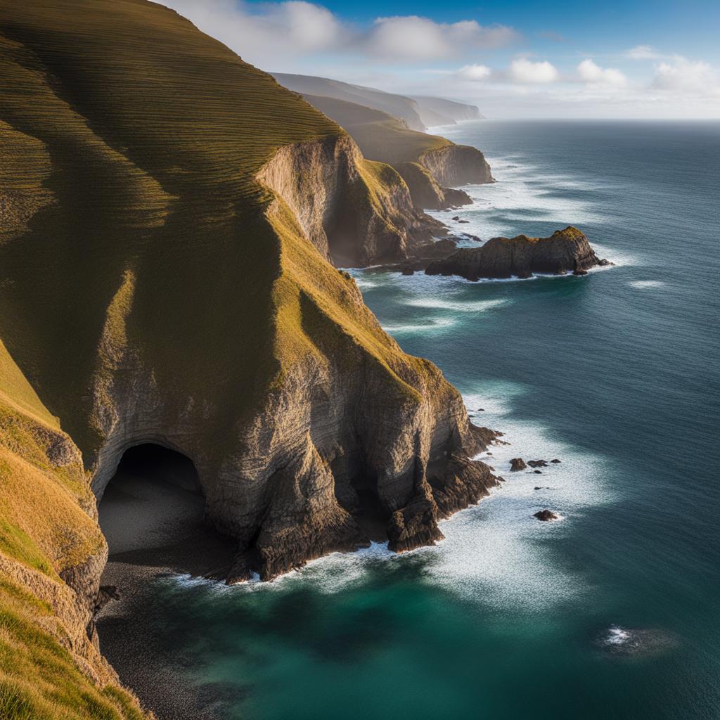 coastal cliffside, offering dramatic views of the ocean crashing against rugged cliffs. 