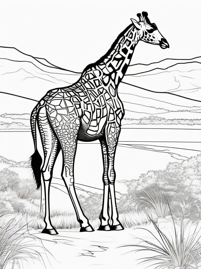 Giraffe Coloring Page - Tallest Animal Grazing  black outline printable coloring page